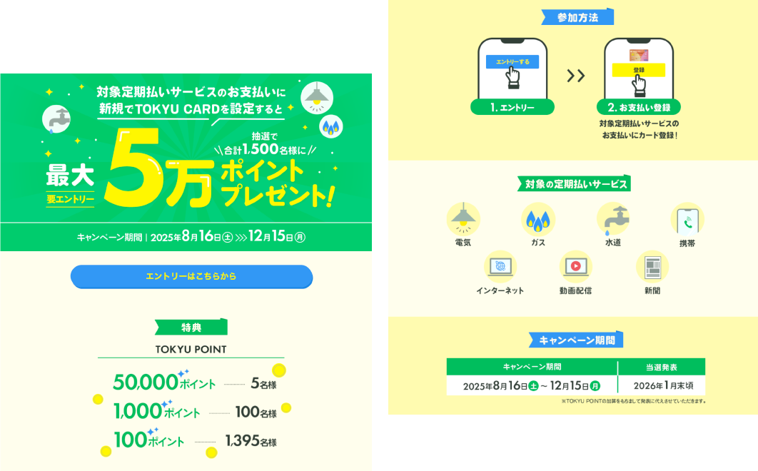 対象定期払いサービスのお支払いに新規でTOKYU CARDを設定で抽選で合計1,500名様に最大5万ポイントプレゼント!